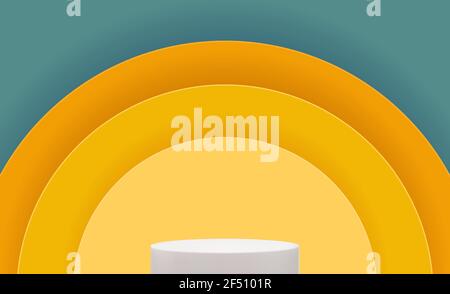 Realistic 3d pedestal over colour circle background. Trendy empty podium display for ads cosmetic product presentation, fashion magazine. Vector Stock Vector