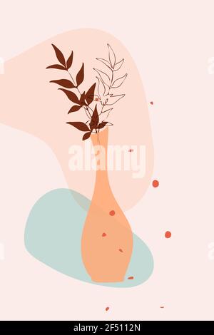 Poster, hand drawn abstract minimal composition, contemporary boho collage style, vase, branch leaves, plants, abstract shapes in transparent blue Stock Vector