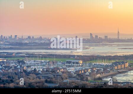 Portsmouth skyline during sunset /view over Portsmouth cityscape at dusk, Hampshire, England, UK Stock Photo