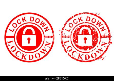 Vector 2 Style Red Circle Rust Grunge and Clean Red Rubber Stamp, Lock Down, Isolated on white Stock Vector