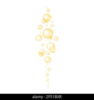 Golden glossy bubbles streaming. Collagen, serum, jojoba cosmetic oil, vitamin A or E, omega fatty acids balls. Vector realistic illustration. Stock Vector