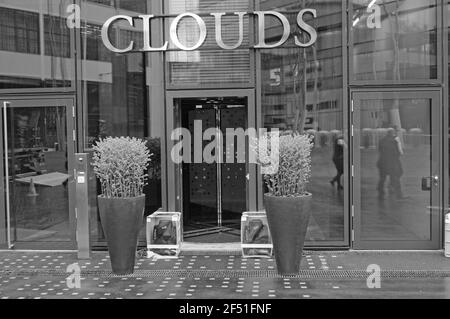 Switzerland: The entrance to the restaurant Clouds on top of the Swiss Prime Tower in Zürich city  is 126 m above ground Stock Photo
