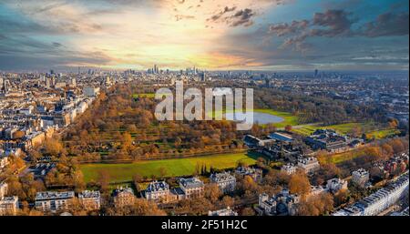 Beautiful aerial London view from above with the Hyde park 
