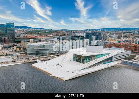 Aerial panoramic view of the Oslo Opera House and new business quarter in Oslo Stock Photo