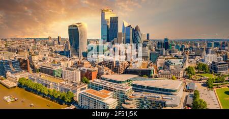 Beautiful London business district view with many skyscrapers. Stock Photo