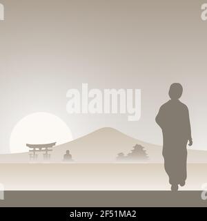 woman in kimono with japanese landmarks on gray background illustration vector. Travel concept. Stock Vector