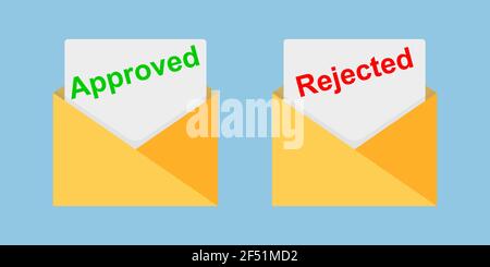 Approved and rejected letters. Check and confirmation signs. Mark and cross Mail. Vector eps10 Stock Vector