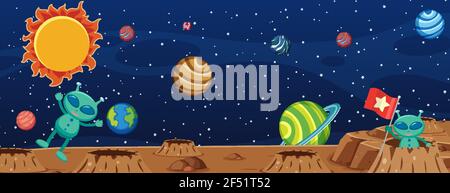 Two aliens in the galaxy scene with many planets illustration Stock Vector
