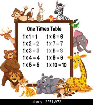 One Times Table with wild animals illustration Stock Vector