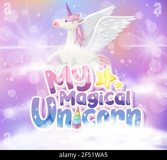 Pegasus with my magical unicorn font on pastel pink background illustration Stock Vector