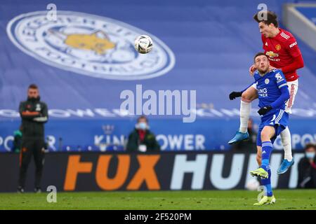 Victor Lindelof of Manchester United and Jamie Vardy of Leicester City - Leicester City v Manchester United, The Emirates FA Cup sixth round quarter final, King Power Stadium, Leicester, UK - 21st March 2021  Editorial Use Only - DataCo restrictions apply Stock Photo