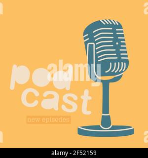 Retro microphone on the stand. Podcast show cover. Vector hand drawn style. EPS 10 Stock Vector