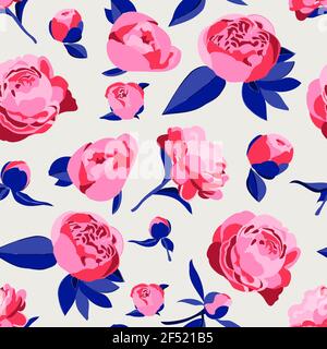 Vector seamless pattern. Floral, botanical concept. Pink peonies or roses. Decorative peony in the style of hand-painted gouache. Repeating print. Stock Vector