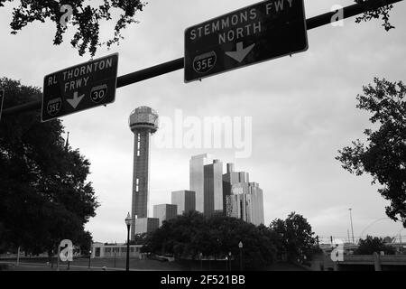 Dallas, TX, USA - 09 05 2020: Cityscape of iconic Buildings of Dallas, TX as seen from are where Kennedy was assassinated, Dealey plaza in black and w Stock Photo