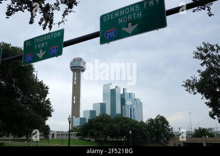 Dallas, TX, USA - 09 05 2020: Cityscape of iconic Buildings of Dallas, TX as seen from are where Kennedy was assassinated, Dealey plaza Stock Photo