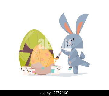 cute rabbit painting eggs happy easter spring holiday celebration greeting card poster Stock Vector