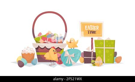 cute chicks with decorated eggs basket and gifts happy easter spring holiday composition Stock Vector