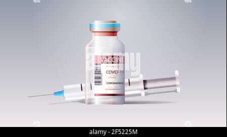 syringe and bottle vial of covid-19 vaccine injection vaccination immunization anti coronavirus disease Stock Vector