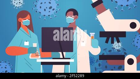scientists couple developing new coronavirus vaccine in lab mix race researchers in masks working on microscope Stock Vector