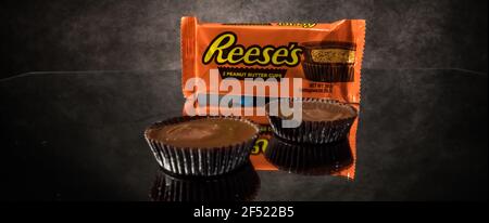 Reeses Peanut Butter Cups - close up view - CITY OF FRANKFURT, GERMANY - MARCH 23, 2021 Stock Photo