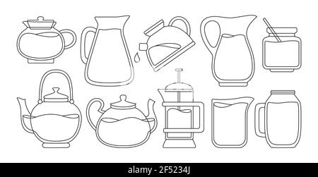 Teapot and kettles with tea, black line set. Tea time teapot dishes jar for drinks. Sketch hand drawn glassware jar for menu kitchen tools. Flat outline kitchenware, design trendy vector illustration Stock Vector