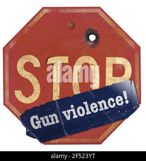 A stop gun violence sticker is seen on a traffic stop sign that has a bullet hole in the sign. This is a 3-D illustration. Stock Photo