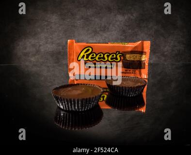 Reeses Peanut Butter Cups - close up view - CITY OF FRANKFURT, GERMANY - MARCH 23, 2021 Stock Photo