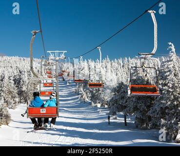 chair lift on Mount Serak for downhill skiers - Jesenik mountains or Jeseniky - Czech republic Stock Photo