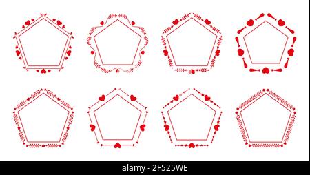 Red pentagon with line frame set. Romantic frames great for monograms, text wedding invitation card, certificate decor, tag. Graphic trigonal with heart for Valentines day Isolated vector illustration Stock Vector