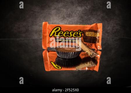 Reeses Peanut Butter Cups - close up view - CITY OF FRANKFURT, GERMANY - MARCH 23, 2021 Stock Photo