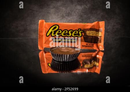 Reeses Peanut Butter Cups - close up view - CITY OF FRANKFURT, GERMANY - MARCH 23, 2021 Stock Photo