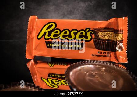 Reeses Peanut Butter Cups - close up view - CITY OF FRANKFURT, GERMANY - MARCH 23, 2021 Stock Photo