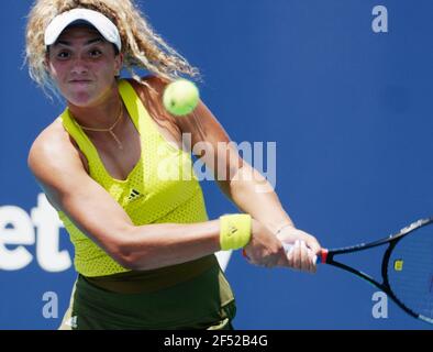 Miami Gardens, United States. 23rd Mar, 2021. Katrina Scott from the USA returns the ball to Sorana Cirstea from Romania on the stadium court at the Miami Open in the Hard Rock Stadium in Miami Gardens, Florida, Tuesday, March 23, 2021. Cirstea defeated Scott 6-2, 6-2. Photo by Gary I Rothstein/UPI Credit: UPI/Alamy Live News Stock Photo