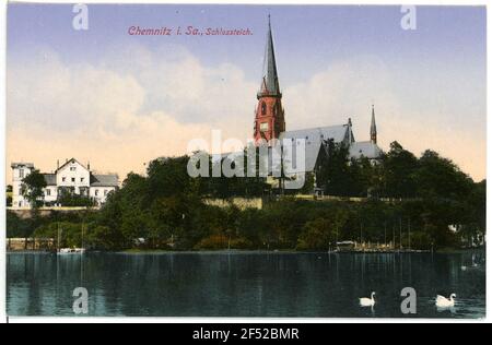 Castle pond and castle church Chemnitz. Schlossteich and Schlosskirche Stock Photo