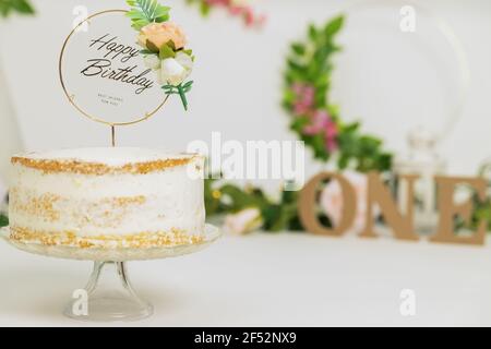 First birthday smash the cake. Festive background decoration for birthday with cake, Cake Smash first year concept. birthday greetings Stock Photo