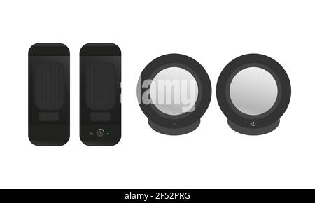 A set of black computer speakers. The dynamics of the table. Wireless speakers. Wired speakers. Flat vector illustration Stock Vector