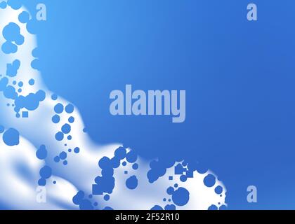 Beautiful blue background with realistic Soap foam with bubbles. Shampoo bubbles texture. Shiny washing hygiene detergent. Designed text. Vector Stock Vector