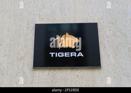Sign and logo for Tigera, inventor of open source Calico, a networking and network security program, outside its headquarters in San Francisco, Calif. Stock Photo