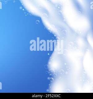 Beautiful blue background with realistic Soap foam with bubbles. Shampoo bubbles texture. Shiny washing hygiene detergent. Empty place for your text Stock Vector