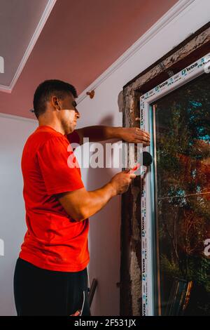 Dolyna, Ukraine July 31, 2020:, windows of the wds company, energy-saving windows, installation of a window in the house. new Stock Photo