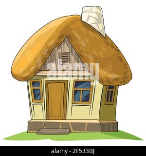 Old house with a thatched roof. Fabulous cartoon object. Cute childish style. An ancient dwelling. Tiny, small. Isolated on white. Vector Stock Vector