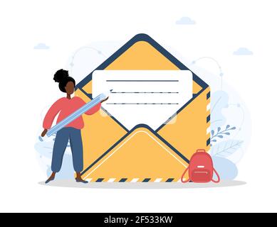 Contact us concept. Young african woman with pencil fills out online customer feedback form. Vector illustration in flat cartoon style Stock Vector