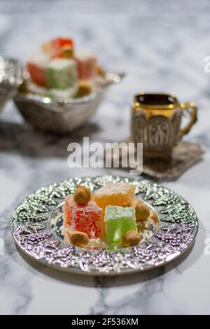 Turkish delight  or lokum is a sweet in many Arabic and other Oriental lands Stock Photo