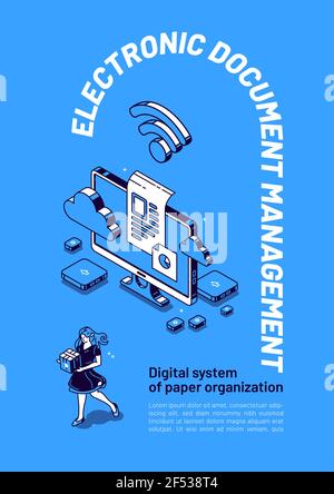 Electronic documents management isometric banner Stock Vector