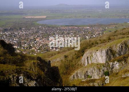 March 2021 - The Somerset village Cheddar with it's reservoir behind, taken from on top of the gorge Stock Photo