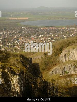 March 2021 - The Somerset village Cheddar with it's reservoir behind, taken from on top of the gorge Stock Photo