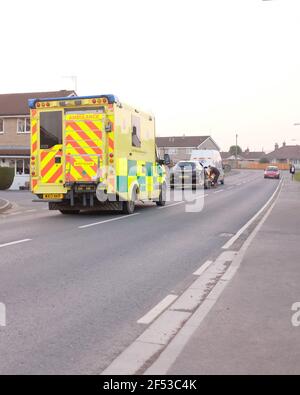Emergency medical service car waiting at a horse riding competition ...