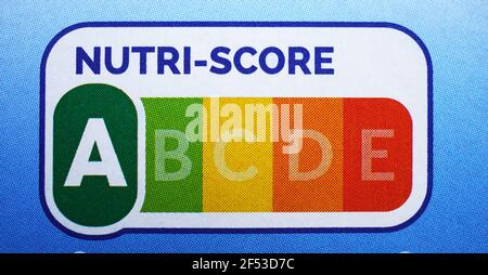 Hannover, Germany - March 17, 2021: Close-up Nutri-Score A label on food packaging giving information on nutritional quality Stock Photo