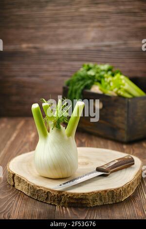 Fresh fennel bulb on wooden cutting board (focus on foreground) Stock Photo