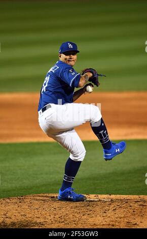 Los Angeles Dodgers pitcher Julio Urias (7) pitches the ball during an MLB  regular season game against the San Francisco Giants, Tuesday, May 3, 2022,  in Los Angeles, CA. (Brandon Sloter/Image of